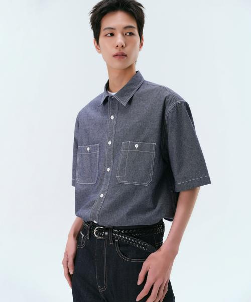 샴브레이 반소매 워크 셔츠 [블루]