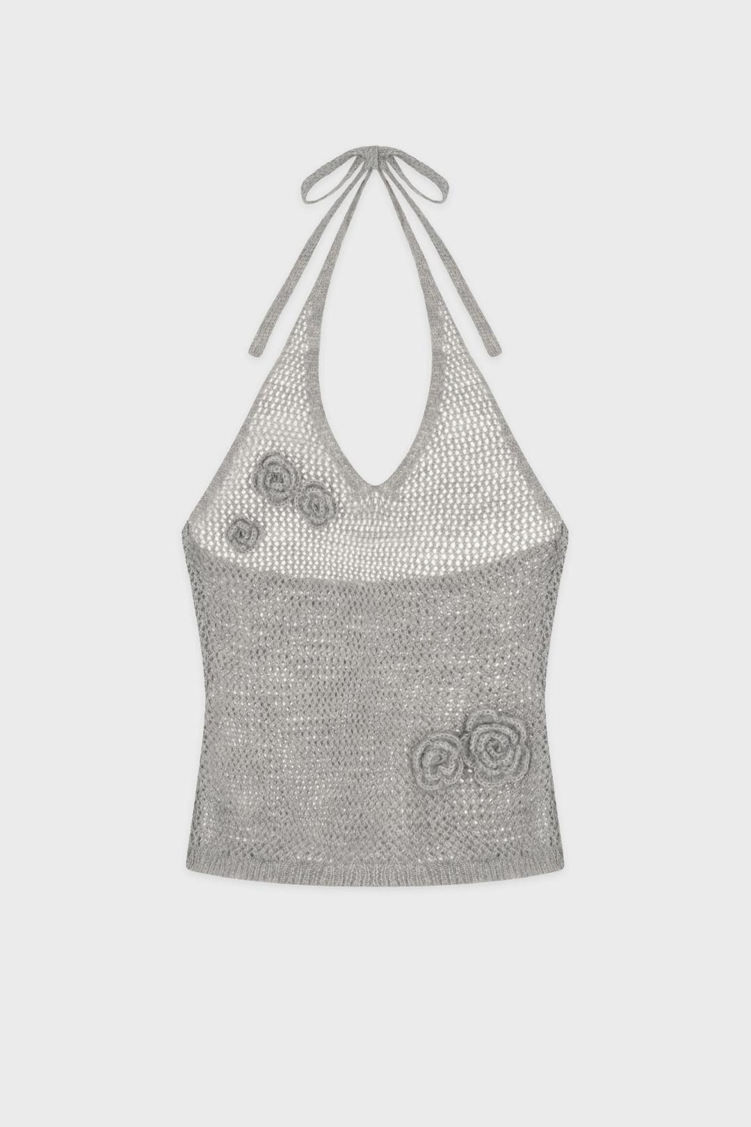Flower Halter Neck Knit Vest (Melange Grey)
