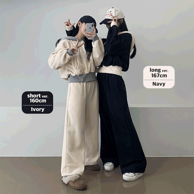 [숏,롱/핵따뜻] 하코 후리스 배색 크롭 후드 + 와이드 팬츠 set (2color)