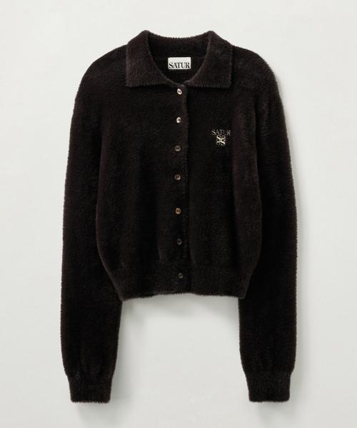 (W) 헤어리 칼라 니트 가디건 다크 브라운