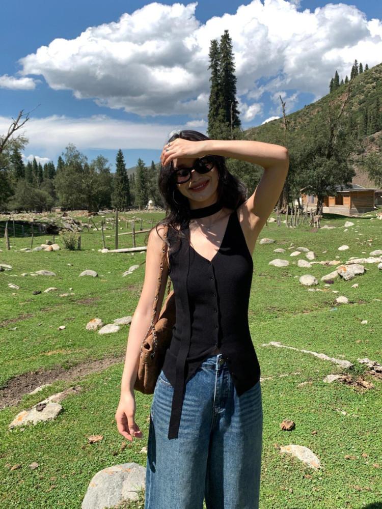 브이넥 넥 스트리머 민소매 조끼 탑