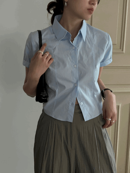 그리니스튜디오 [비침X,여름셔츠🌊] 5컬러 지브리 핀턱 절개선 크롭 반팔 셔츠 남방