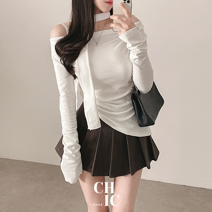 [자체제작ෆ발열기모] 군살커버 머플러 스트랩 긴팔 언발 롱티셔츠