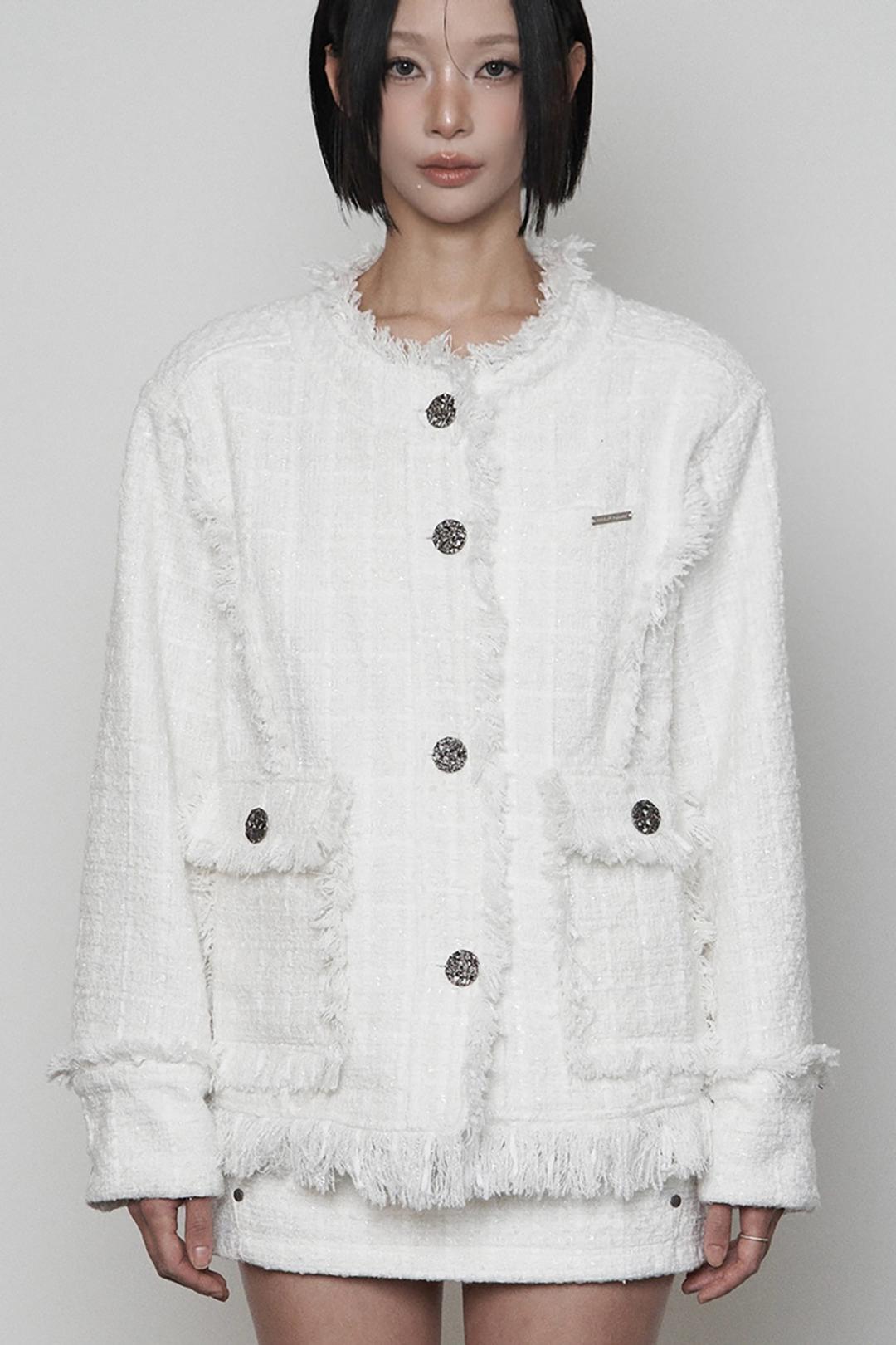 Back- belt Pocket Overfit Tweed Jacket ( WHITE )