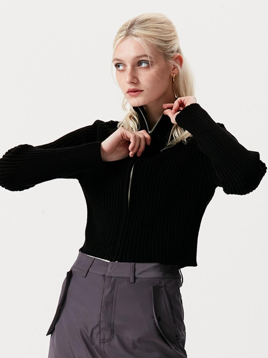 CROP KNIT ZIP UP KA [BLACK]