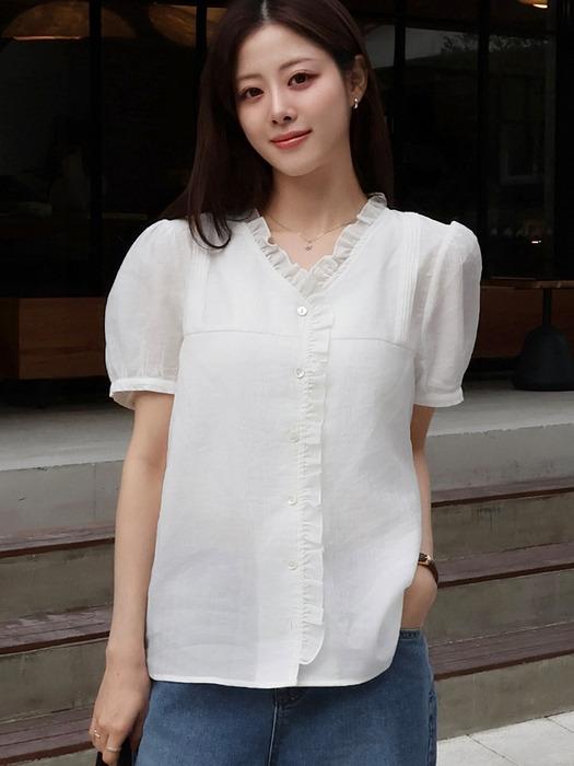 브이넥 러플 하프 슬리브 블라우스 - Ivory