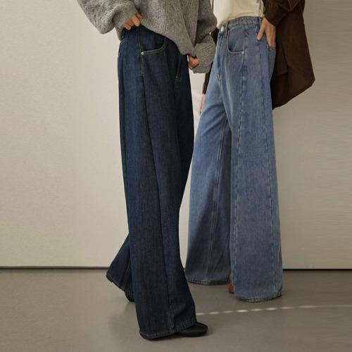 PJ31673 기모 워싱 절개라인 와이드 데님팬츠