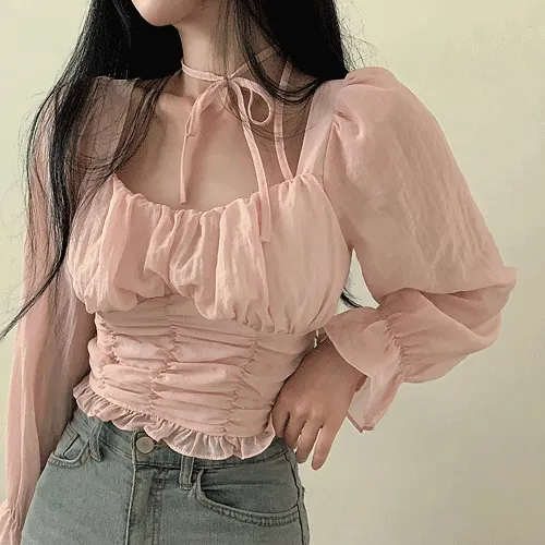 [여리여리~] 쉬폰 셔링 홀터넥 스트랩 리본 밴딩 긴팔 블라우스