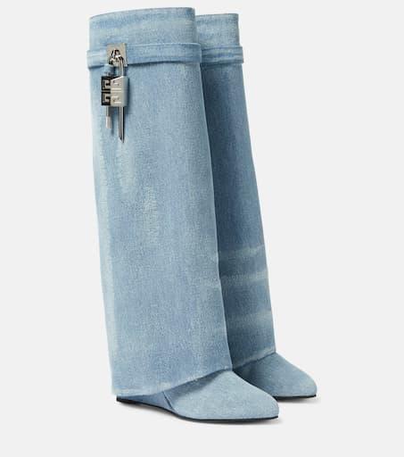 Shark Lock 데님 니하이 부츠