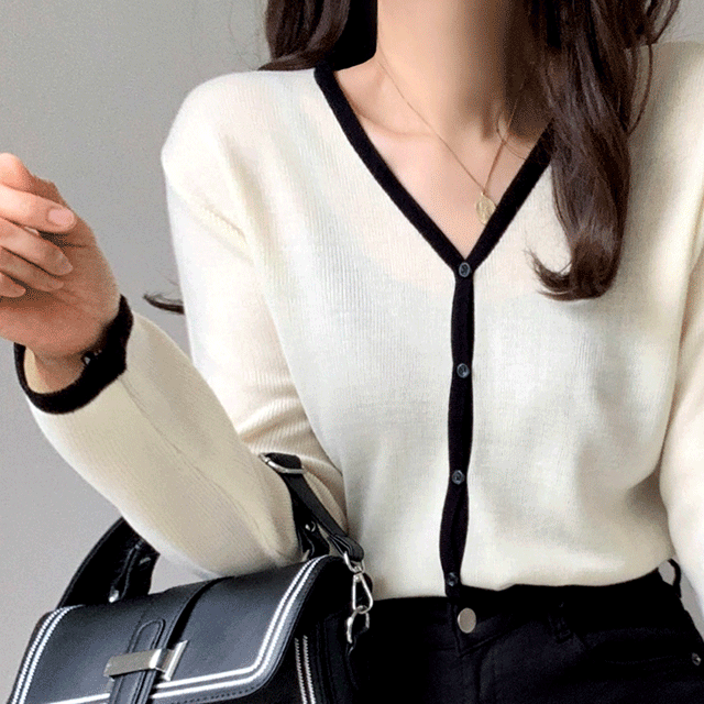 배색 브이넥 니트 가디건