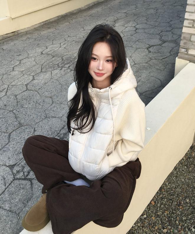 [단독]와더 소매 니트 스트링 후드 패딩