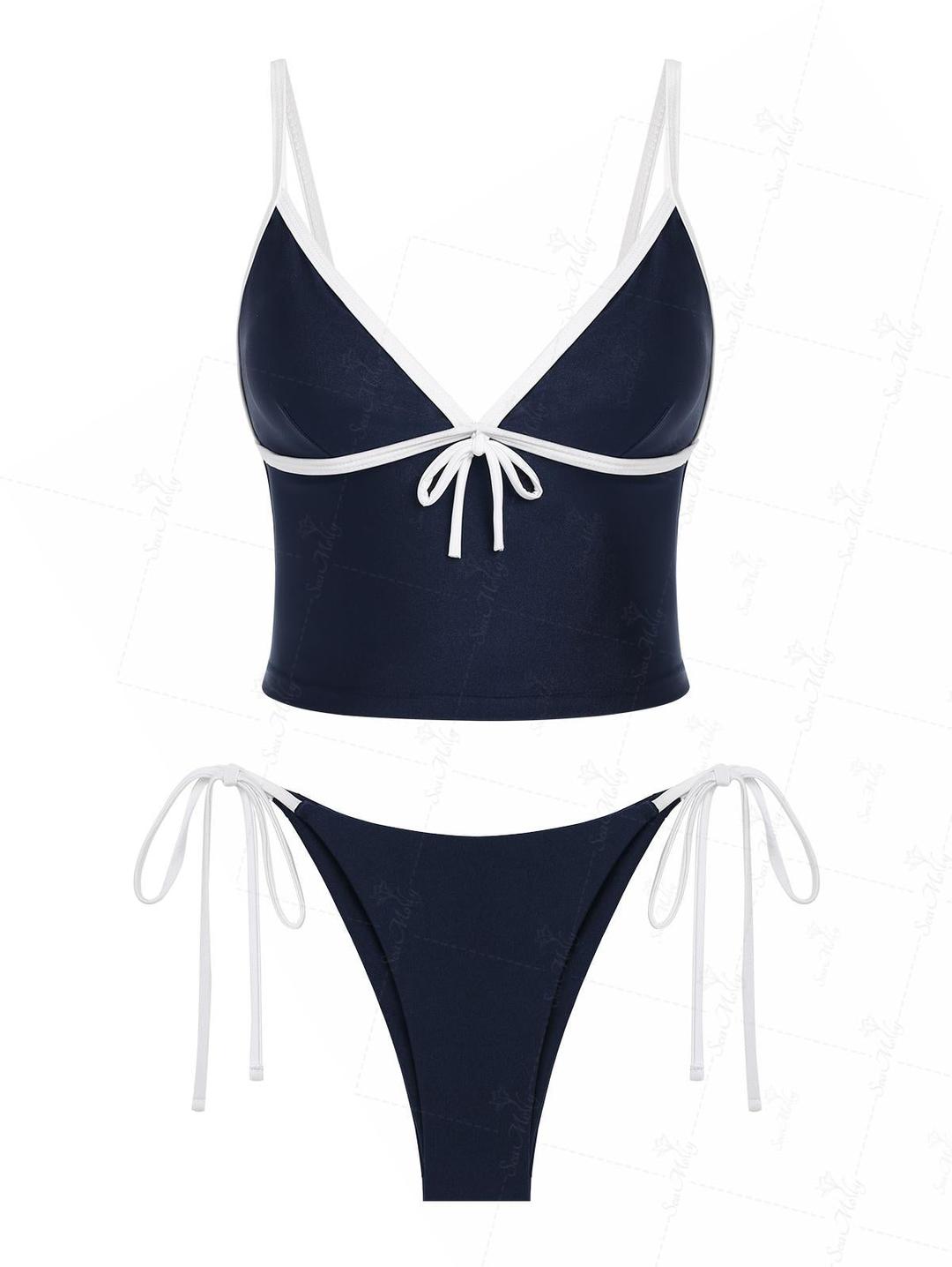 Seamolly 콘트라스트 컬러 보우노트 장식 타이 사이드 탱키니 세트