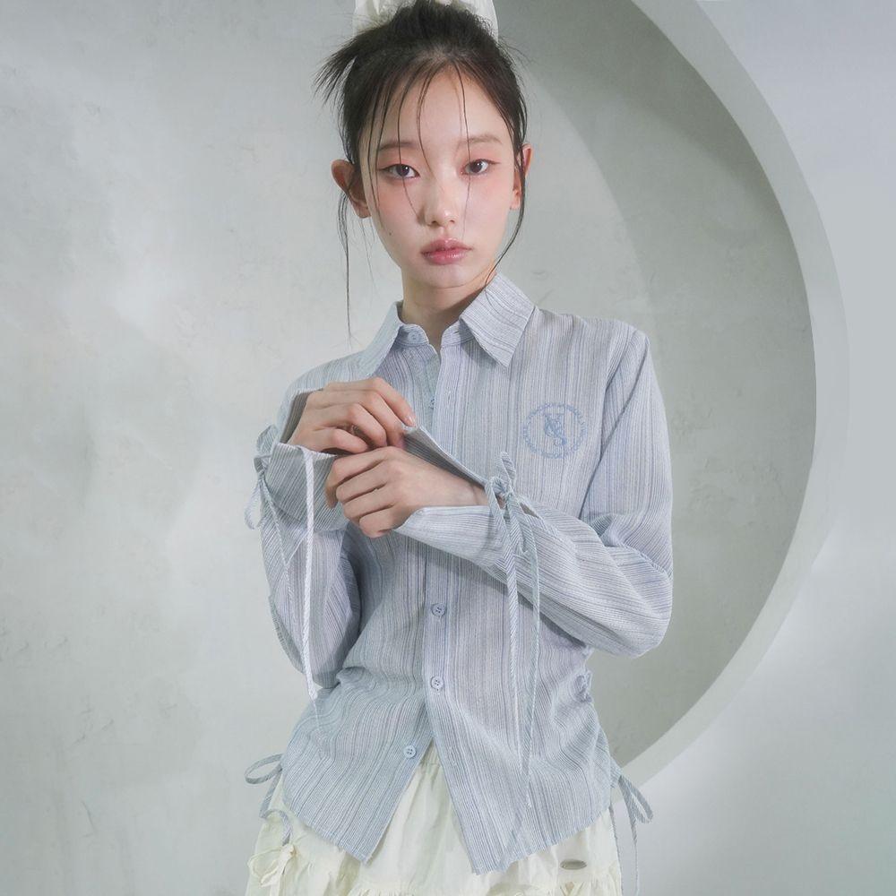 Sweet Ribbon Shirring Shirt LIGHT BLUE
