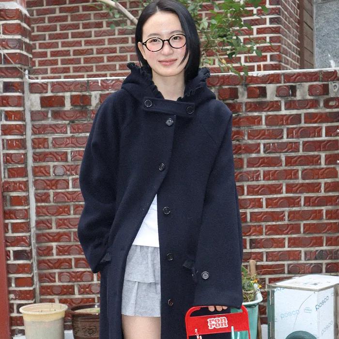 FRILL HOODED LONG COAT NAVY