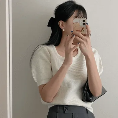 [아방핏/봄] 러블리 유넥 퍼프 반팔 니트 (5color) 몽그라미