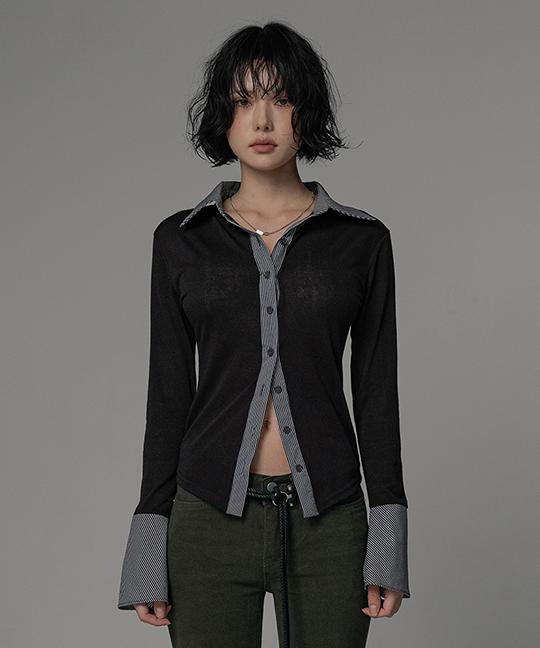 바닐라밀크 멜리튼 스트라이프 배색 시스루 슬림핏 긴팔 셔츠 STRIPE CONTRAST SHIRT