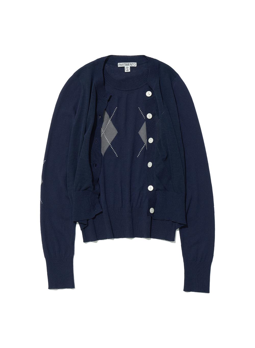 [WOMEN] ALL-IN-ONE LAYERED ARGYLE KNIT CREWNECK_NAVY