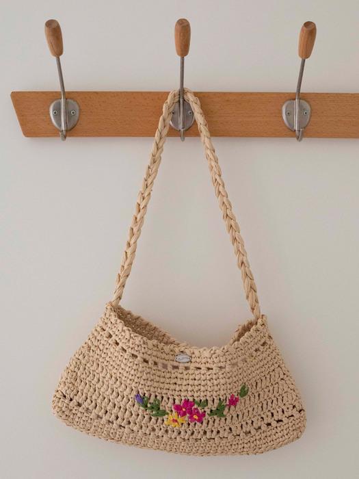 No.64 / Daisy Raffia Baguette Shoulder Bag (데이지 꽃 자수 라피아 바게트 숄더백 크로쉐백 라탄 니트가방)