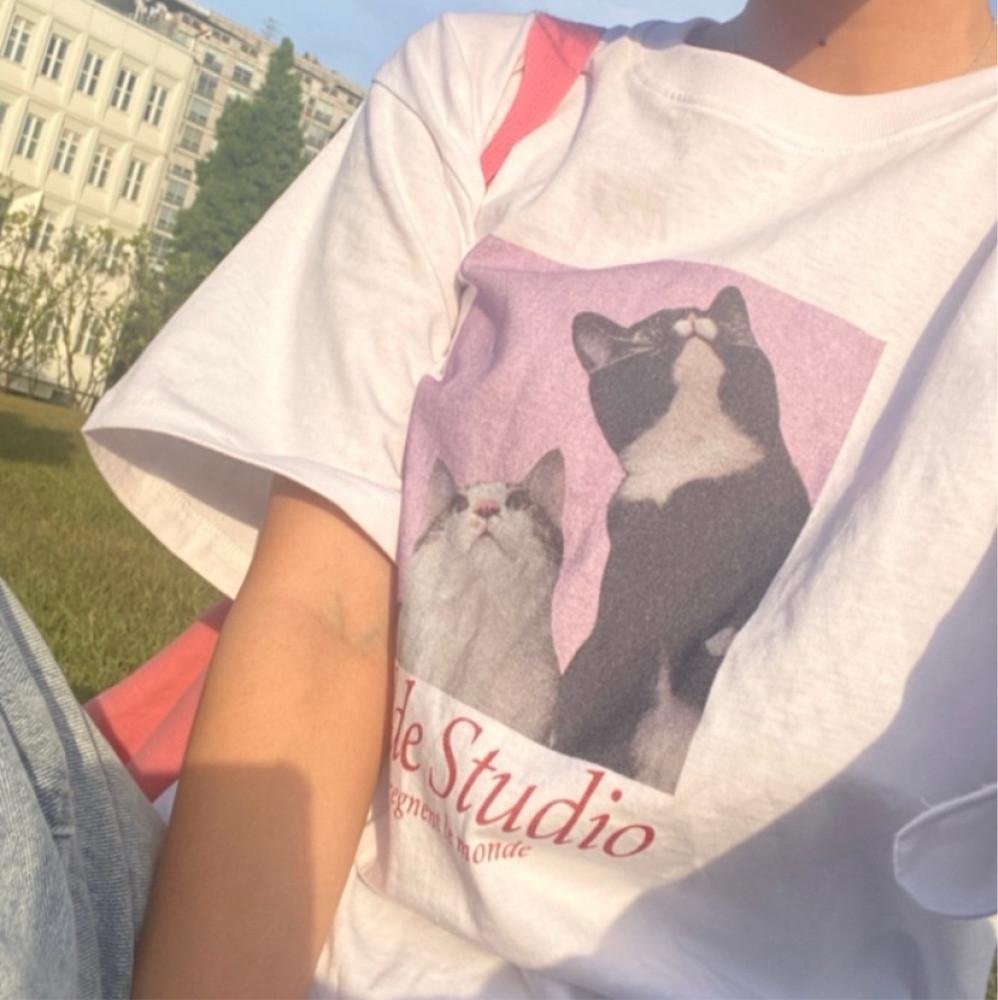 핑크 고양이 반팔 티셔츠 남녀공용