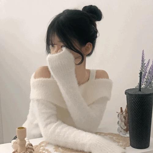 Year-end look angora shoulder strap off-shoulder long sleeve knitwear 4 colors