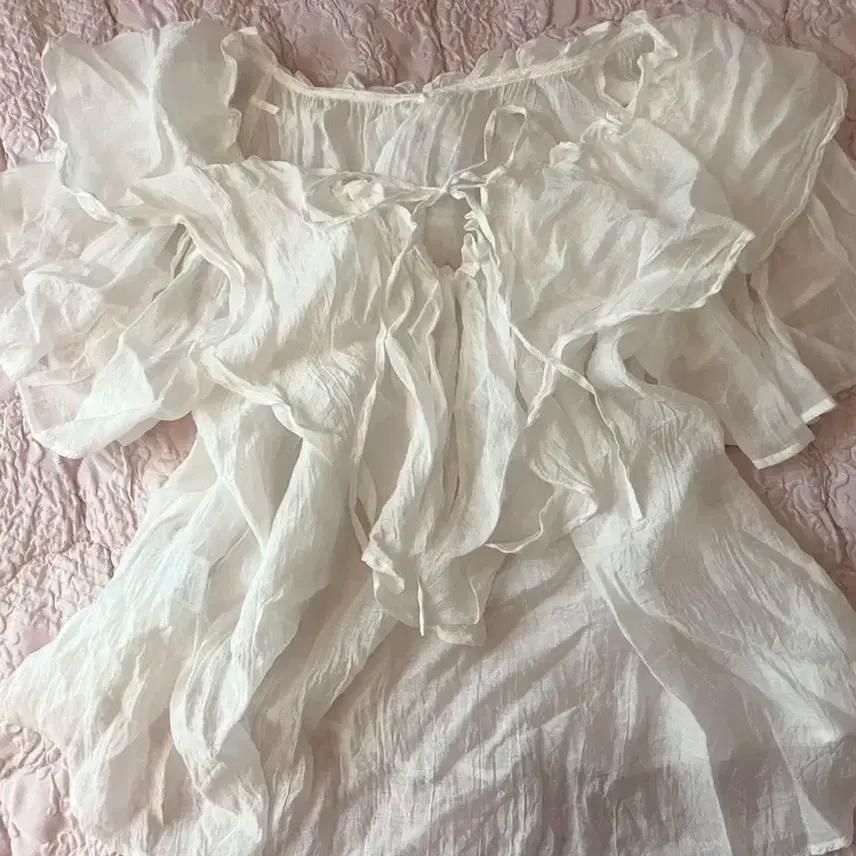 묘오우 빈티지 리본 프릴 달천깔 페어리 블라우스