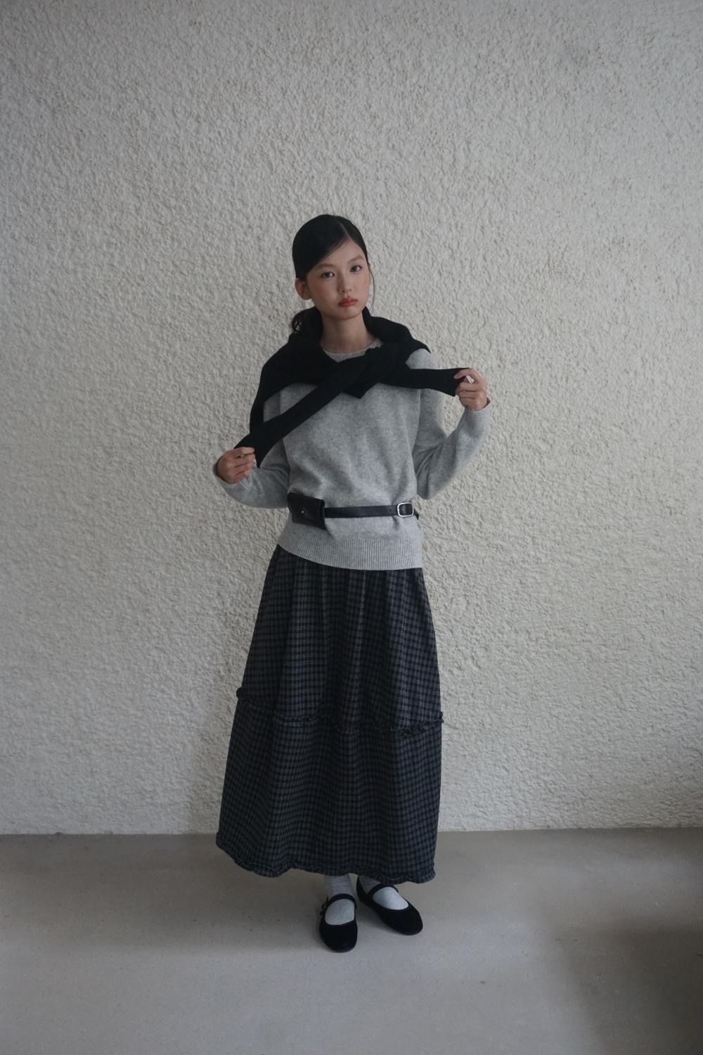 (woman) 체크 프릴 롱 스커트_Black