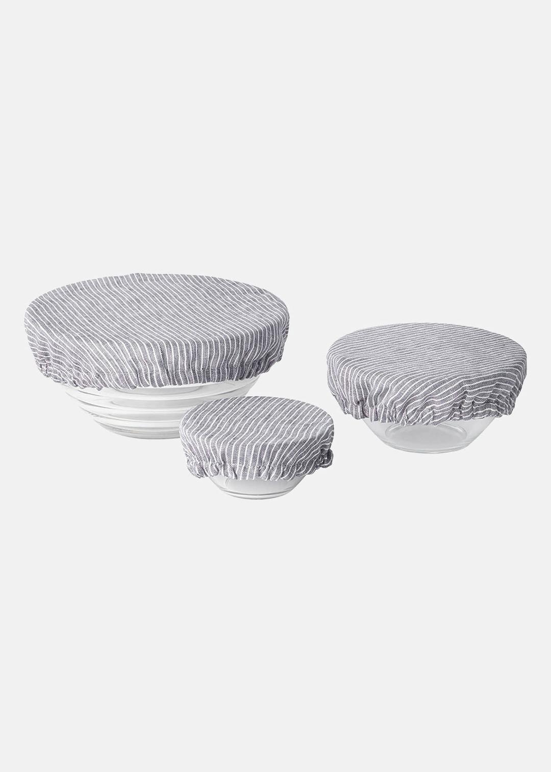 Linen Bowl Cover Set 3 Grey White Stripe