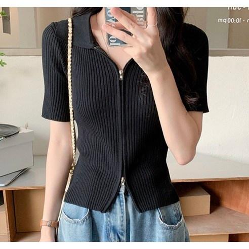 야오야오 프라하 골지 투웨이 니트 집업 반팔