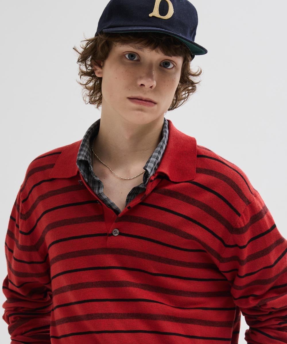 멀티 스트라이프 카라 크롭 니트 [레드]