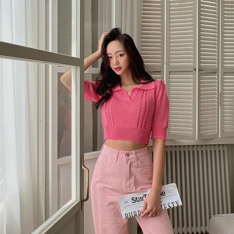 보니 카라 꽈배기 반팔 니트