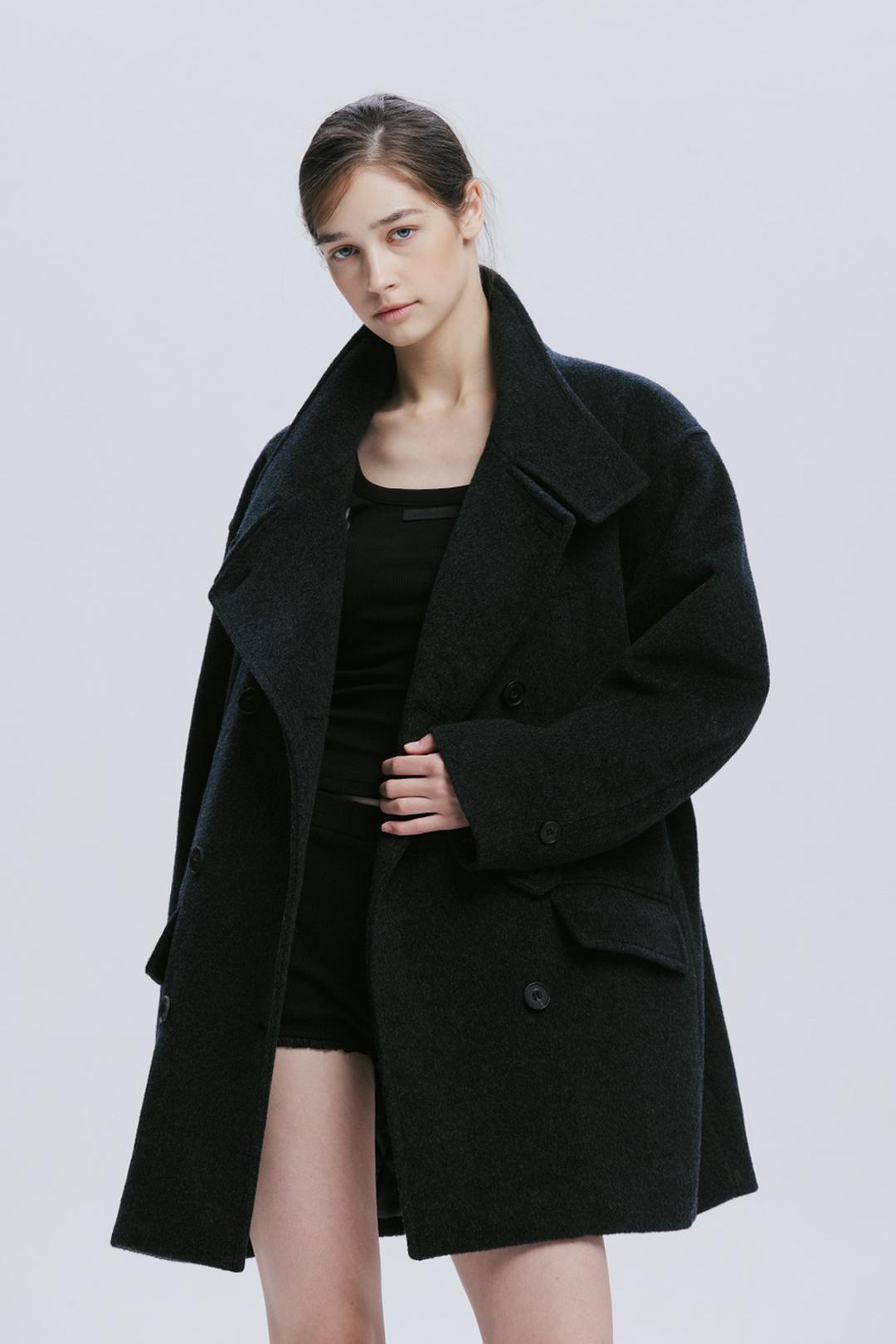 WOOL DOUBLE HALF COAT (CHARCOAL)