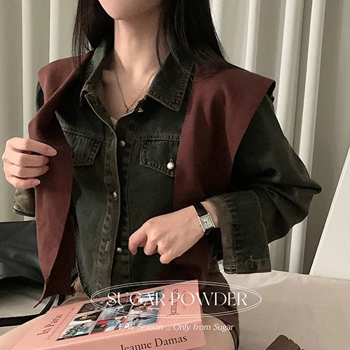 [단독특가/니트숄증정~] 리플 데님 크롭 셔츠,남방 세트 투피스 - 2color