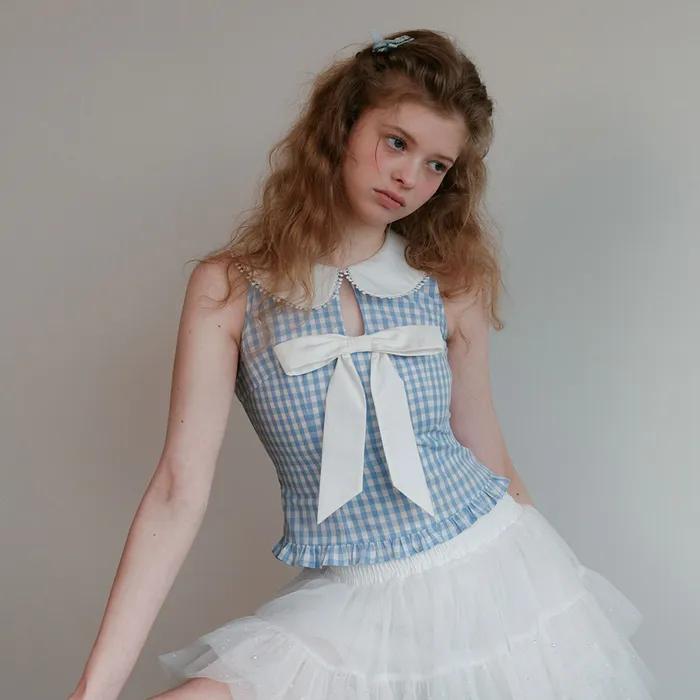 Cest_Check ribbon sleeveless top