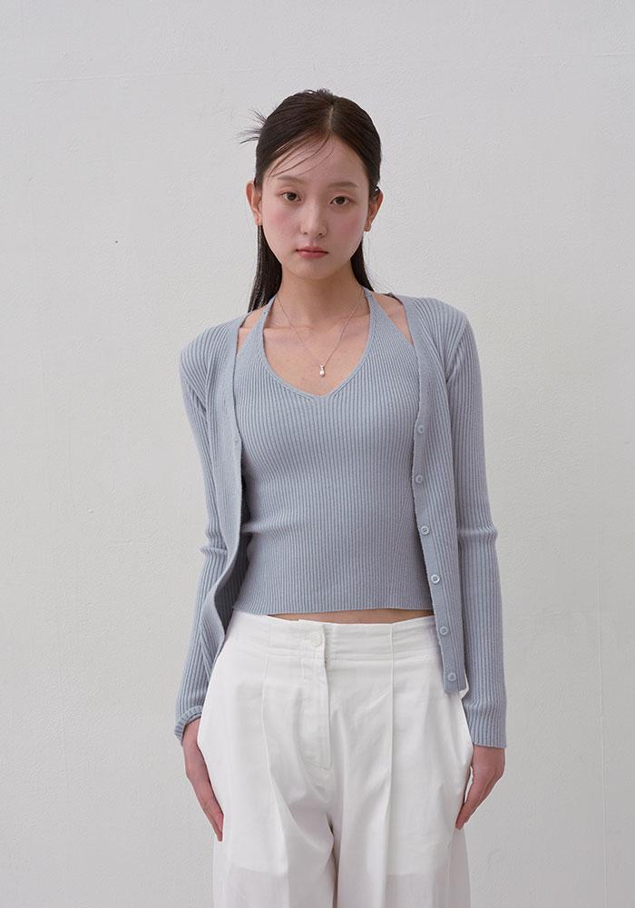 HALTER NECK RIBBED CARDIGAN & SLEEVELESS SET-BLUE