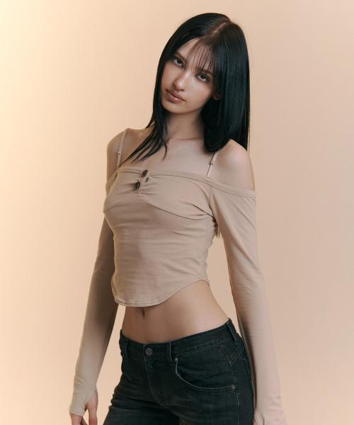 Dahlia Button Long Sleeve Top (Beige)