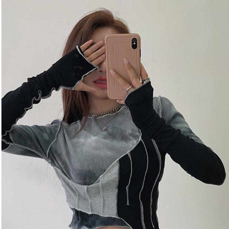 언발 배색 타이다이 패턴 라운드넥 슬림핏 캐주얼 스트릿 크롭 긴팔 티셔츠 탑