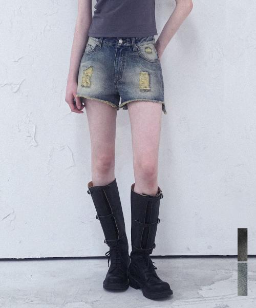 Rough Damage Denim Shorts - 2COL