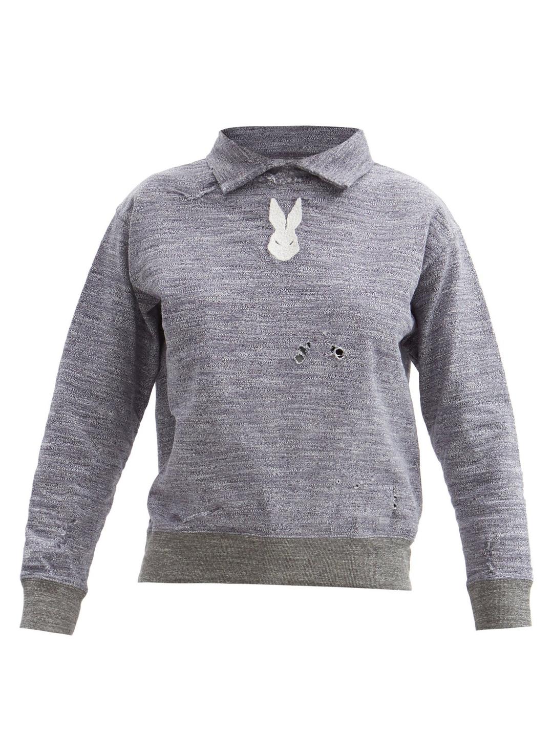 Rabbit-Embroidery Distressed Cotton Sweatshirt