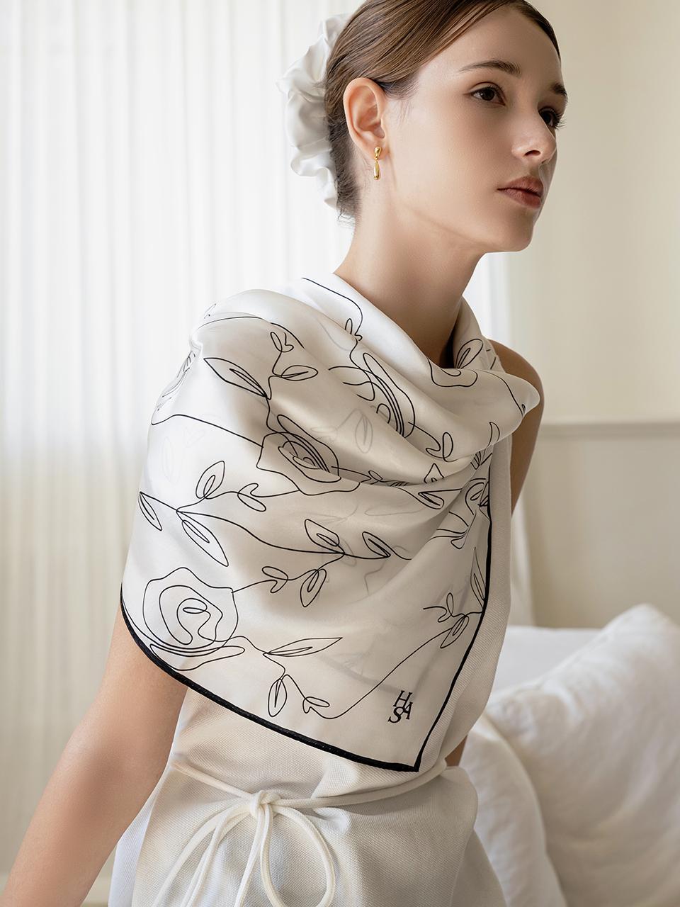 HDM025 Rose drawing pattern square silk 100% scarf