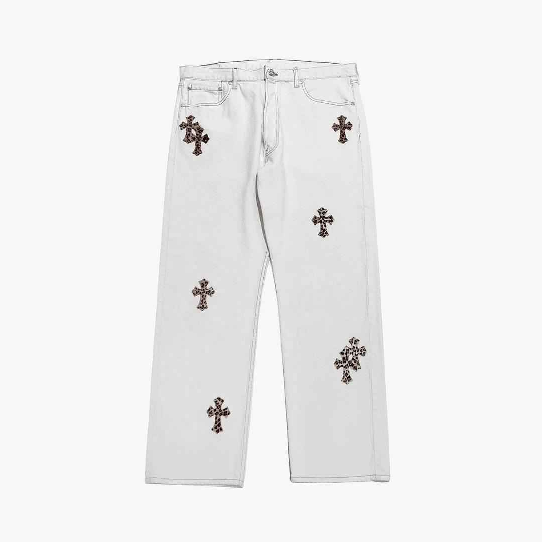 Chrome Hearts Levi's 501 Leopard Cross PATCH White Denim Jeans - 34