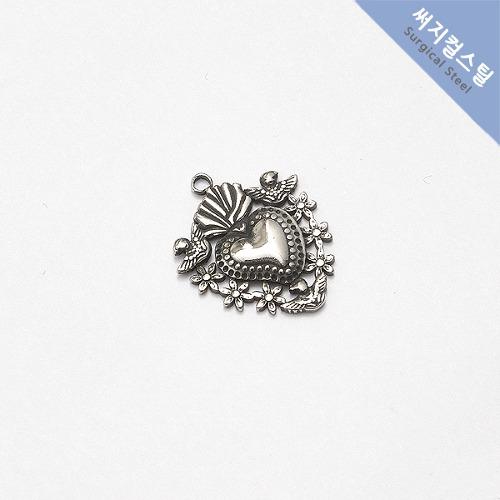 [PART-2142] 써지컬스틸  꽃이랑 새랑 하트 팬던트 약 25x29.6mm 팬던트 [1개] 스테인레스 악세서리부자재