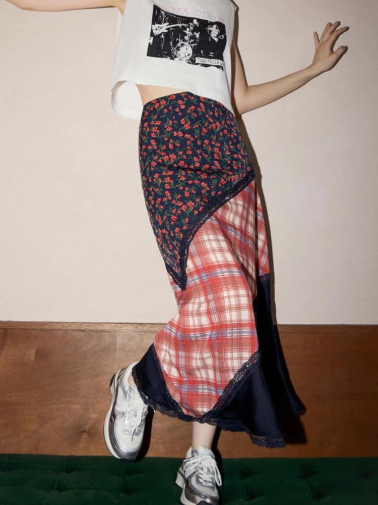 Korobov 여성용 빈티지 격자 무늬 꽃 스플라이싱 스커트, 미국 얇은 스커트, A라인 스커트, 하라주쿠 패션, 가을
