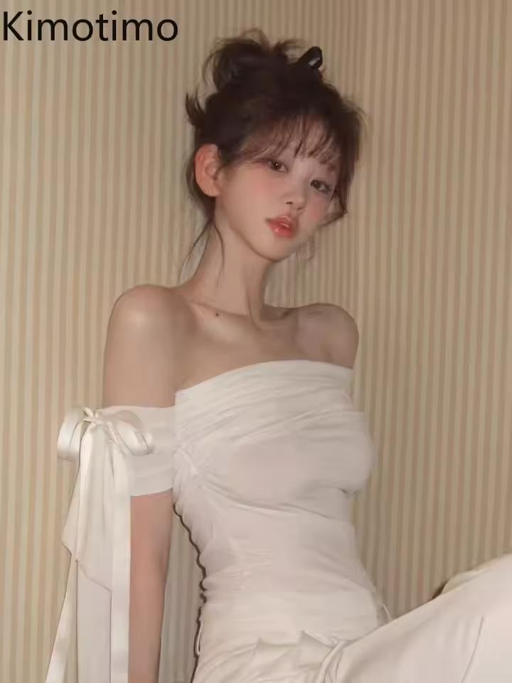 Kimotimo 비대칭 오프 숄더 보우 레이스 업 티셔츠 여성 여름 섹시한 폴드 슬림 피트 Y2k 탑 패션 매운 걸스 파티 티셔츠