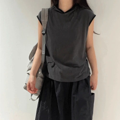 후드 도트 민소매 포인트 배색 티셔츠