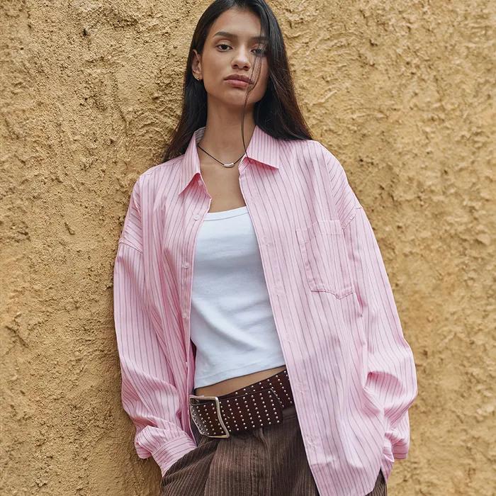 Oversized Sasha Stripe Shirt-Pink