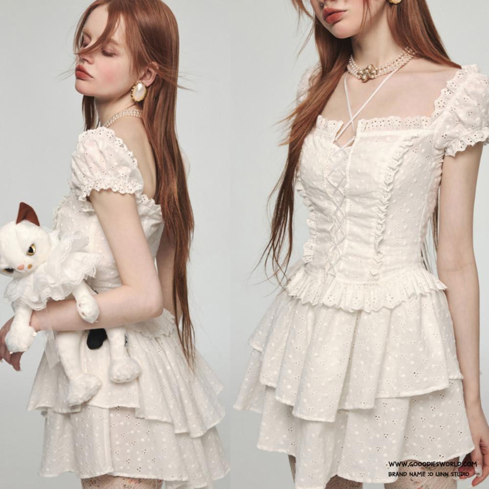 1JINN STUDIO 원진스튜디오 프릴 레이스 원피스 레이스 미니 스커트 화이트