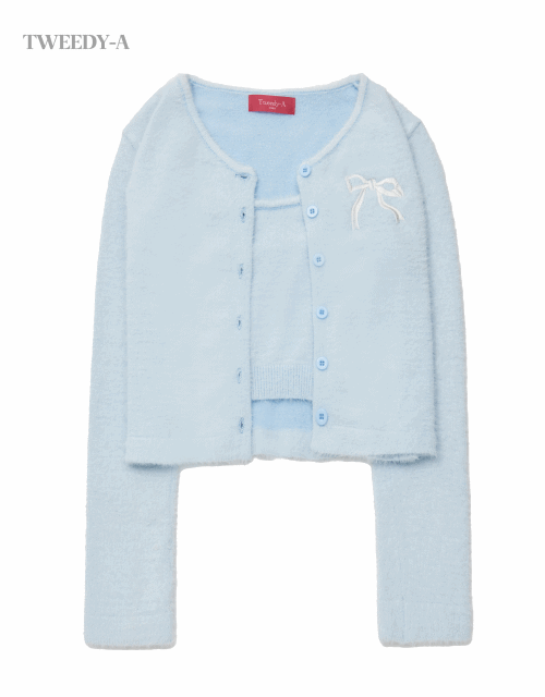 에블린 리본 포인트 헤어리 나시 가디건 셋트 4 Color