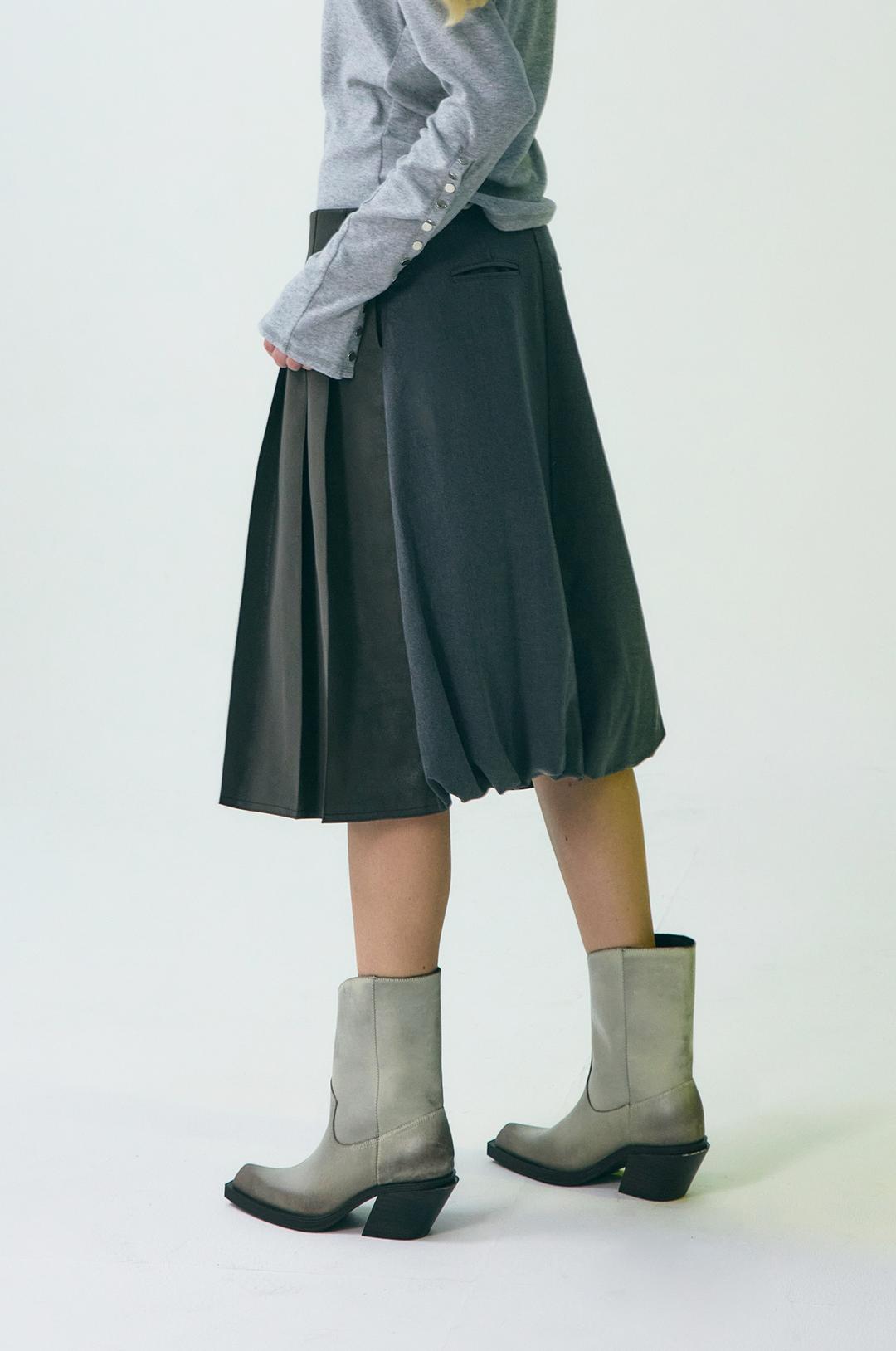 G_TAILORED LEATHER MIDI SKIRT / GREY