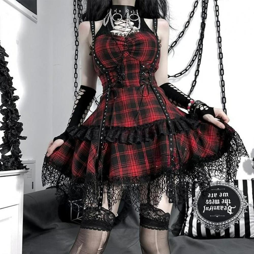 레드 타탄체크 펑크 고스룩 홀터넥 코르셋 캉캉 미니 원피스