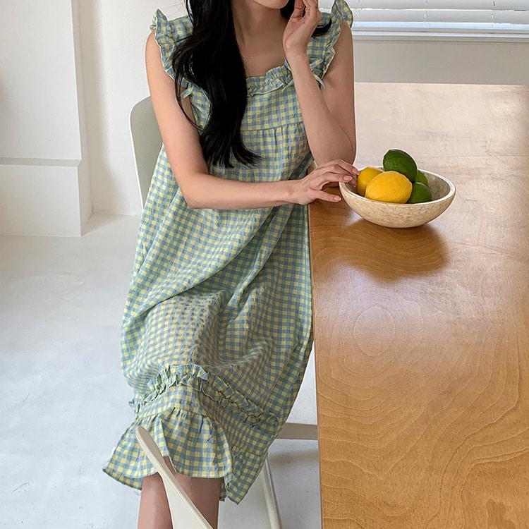 카비릴 체크 민소매 파자마 원피스